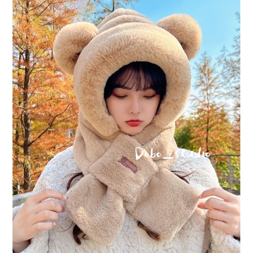 鳥我一下好嗎🍀小熊圍巾一體帽 可愛泰迪熊圍巾 韓版圍巾 熊圍巾帽 秋冬帽 女圍巾保暖帽 圍脖 帽子 保暖圍巾 圍脖圍巾-細節圖3