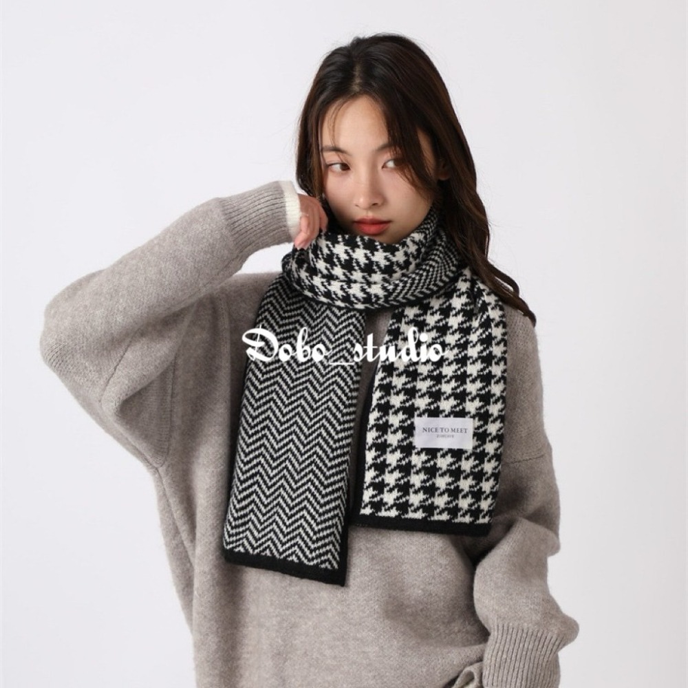 鳥我一下好嗎🍀波紋千鳥格圍巾 韓國針織圍巾 冬季女圍巾 抗寒 保暖圍脖 圍脖 脖圍 針織圍脖 脖套 毛線圍脖 保暖脖圍-細節圖3