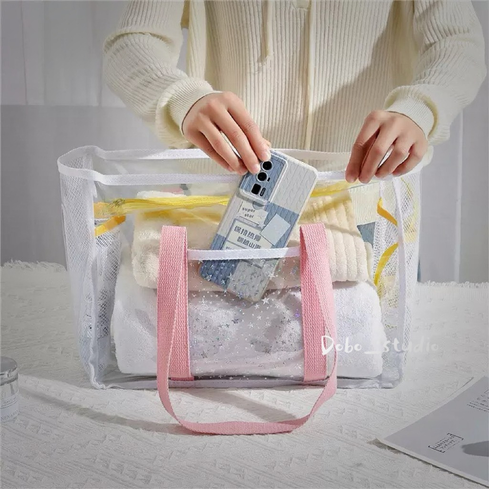 鳥我一下好嗎🍀防水手提透明包 海灘包 收納包 出國玩水 遊泳包 露營網袋 購物包 網格手提袋 收納袋 防水遊泳包 手提-細節圖3