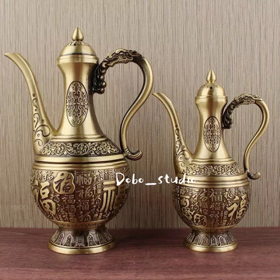 鳥我一下好嗎🍀浮雕百福酒壺 黃銅浮雕酒葫 裝飾品 神明廳 供佛拜神酒壺 銅工藝壺 分酒器 風水擺飾 禮物 禮品 中式復-細節圖3