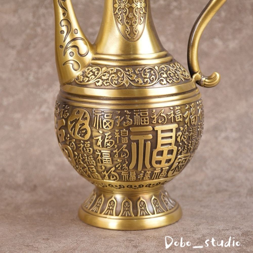 鳥我一下好嗎🍀浮雕百福酒壺 黃銅浮雕酒葫 裝飾品 神明廳 供佛拜神酒壺 銅工藝壺 分酒器 風水擺飾 禮物 禮品 中式復-細節圖5
