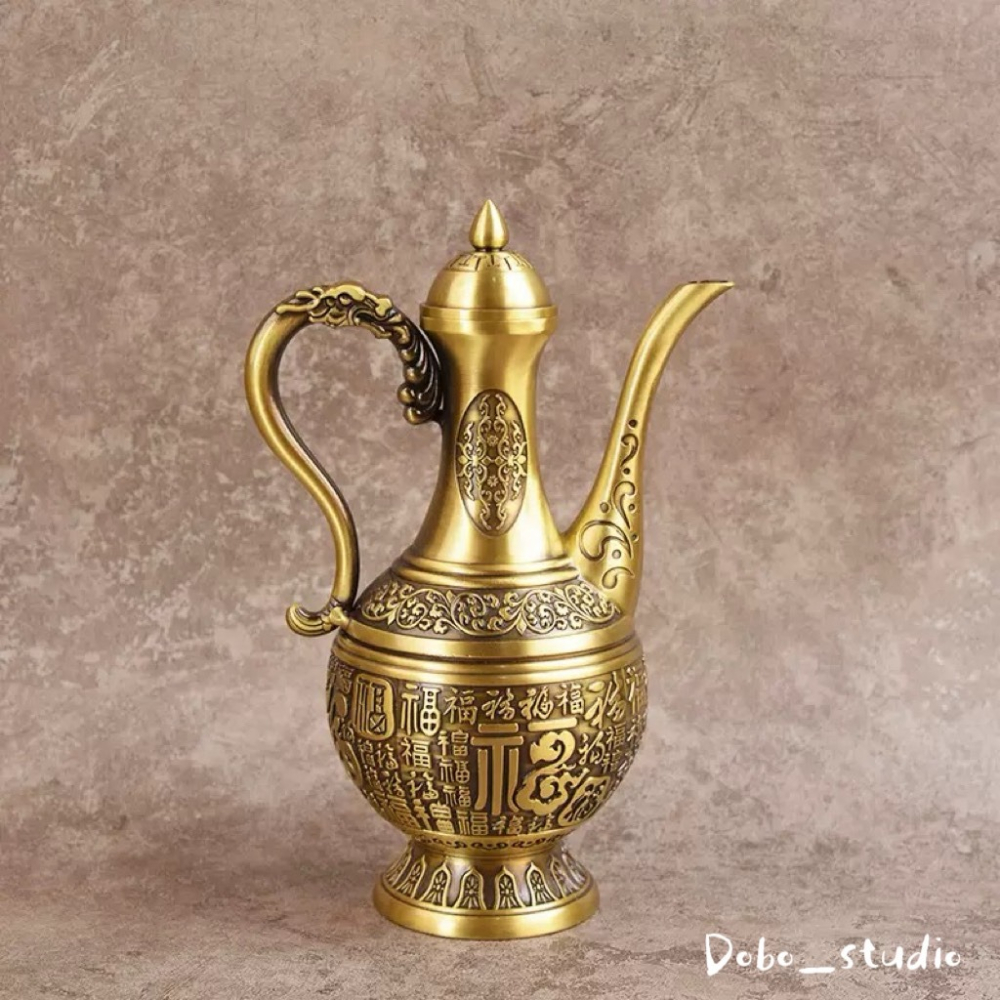 鳥我一下好嗎🍀浮雕百福酒壺 黃銅浮雕酒葫 裝飾品 神明廳 供佛拜神酒壺 銅工藝壺 分酒器 風水擺飾 禮物 禮品 中式復-細節圖6