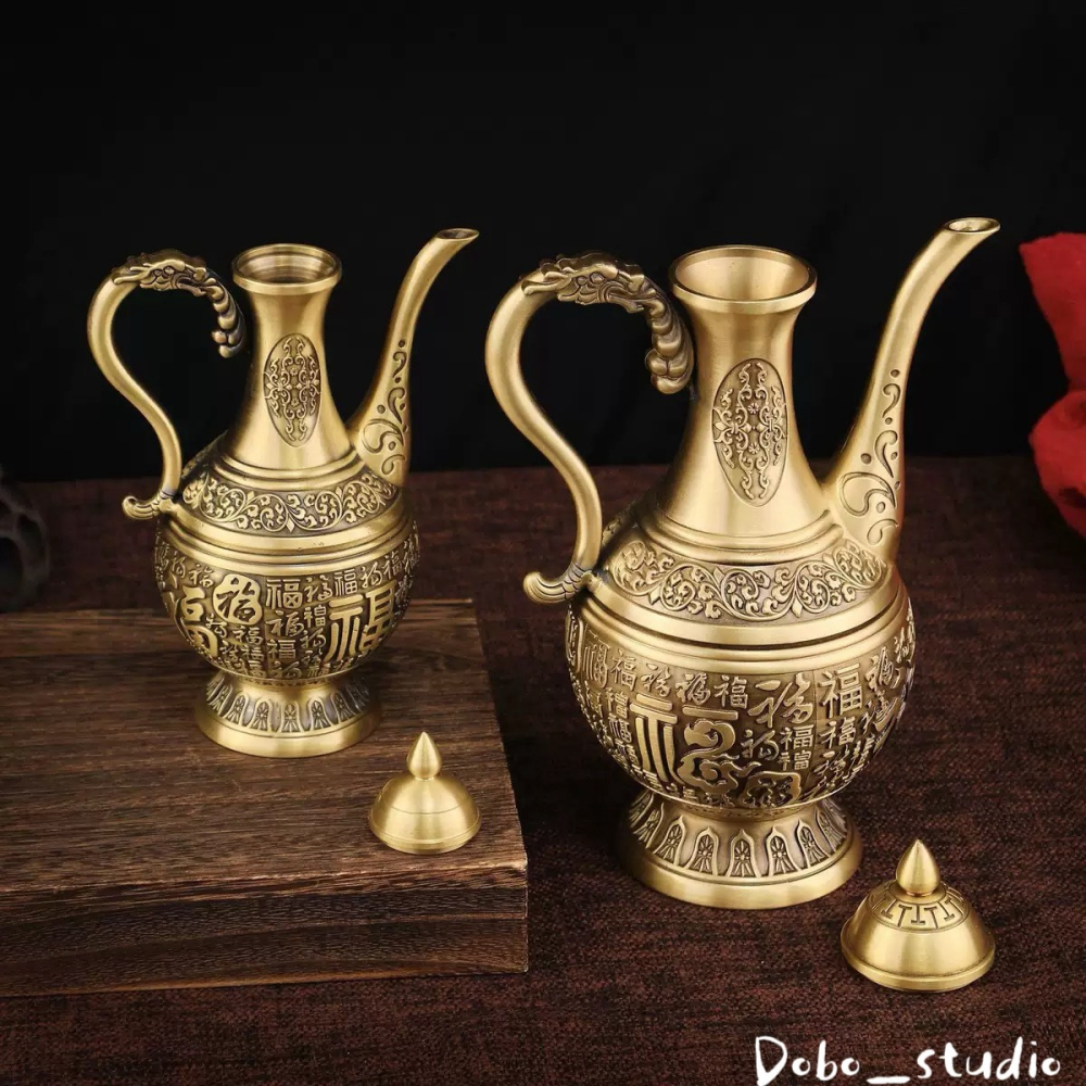 鳥我一下好嗎🍀浮雕百福酒壺 黃銅浮雕酒葫 裝飾品 神明廳 供佛拜神酒壺 銅工藝壺 分酒器 風水擺飾 禮物 禮品 中式復-細節圖7