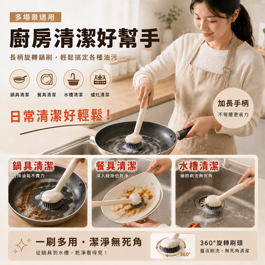 【刮洗兩用】鍋刷 長柄旋轉鍋刷 可平刷斜刷直刷 清潔刷 水槽刷 洗鍋刷 鍋子刷 鍋具刷 餐具刷 爐灶刷 油煙煎台清潔刷-細節圖6