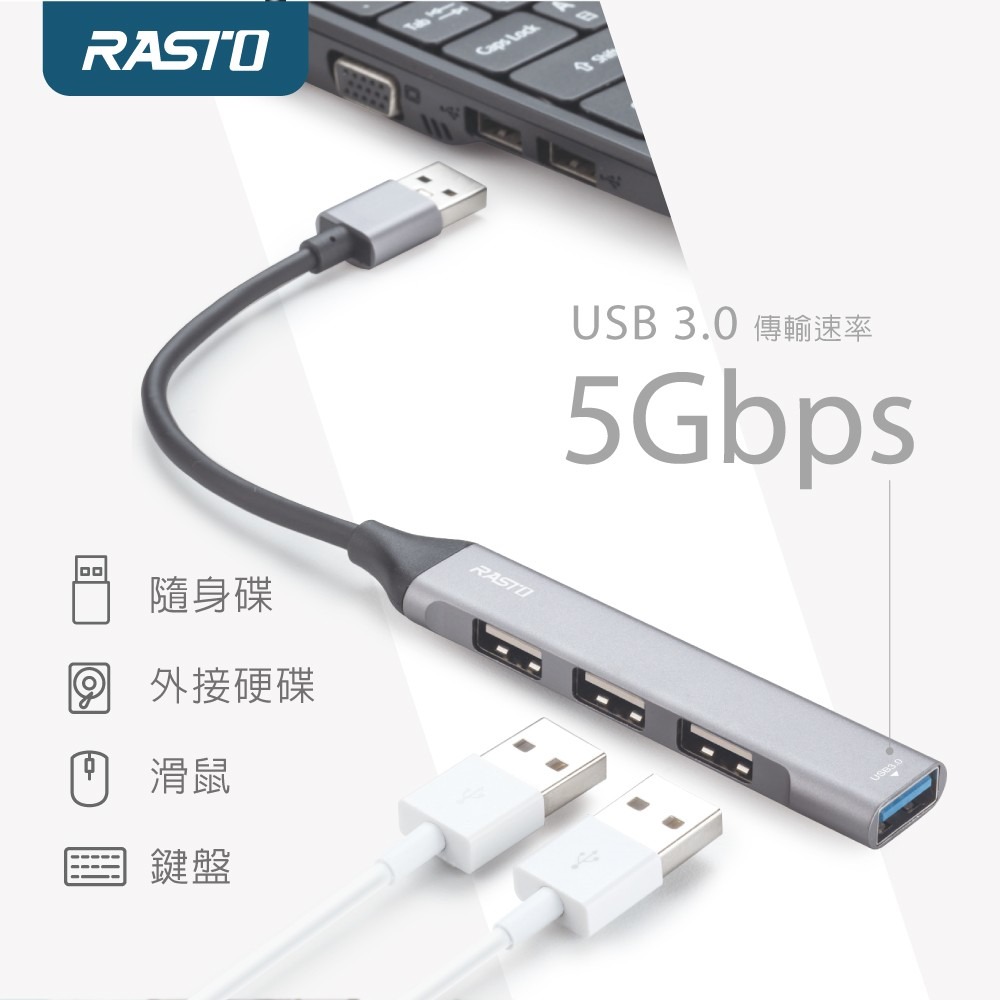 【RASTO】 RH7 USB 3.0 鋁合金四孔HUB集線器 贈TypeC接頭-細節圖3