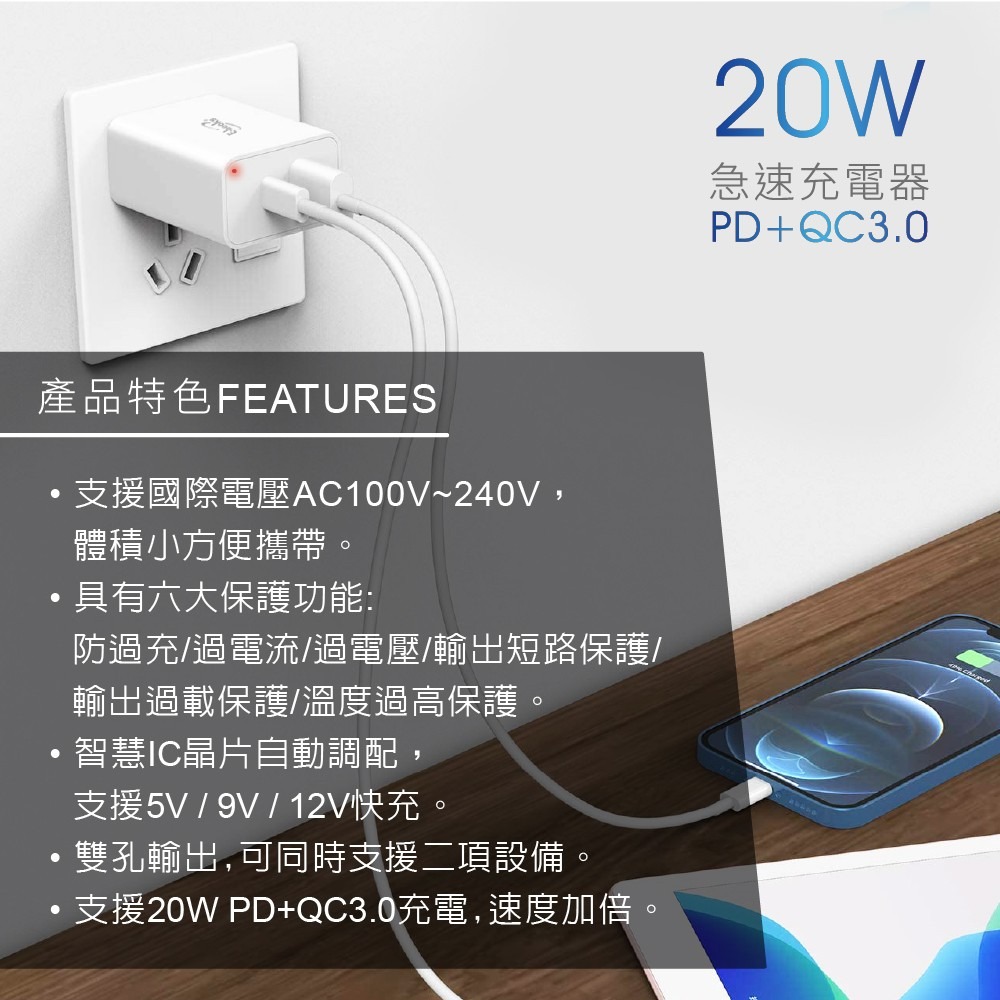 【E-books】  B60 高效能 20W PD+QC3.0 雙孔快速充電器-細節圖2