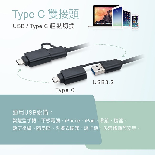 【RASTO】 RH11 長線型USB 3.2 Hub 4孔集線器1M+Type C雙接頭-細節圖2