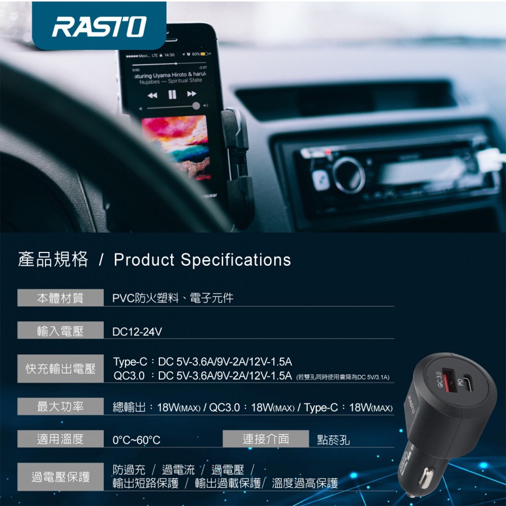 【RASTO】 RB12 車用18W PD+QC3.0雙孔快速充電器-細節圖5