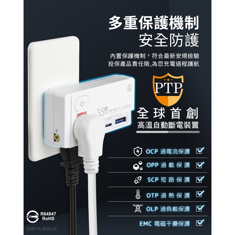 【Aibo】  GaN氮化鎵 平壓式1開2插 高溫斷電智慧 PD35W快充USB壁插-細節圖6