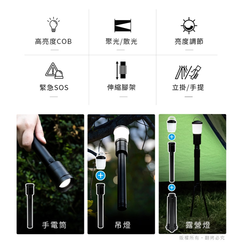 【Aibo】  三合一 燈塔露營燈手電筒+伸縮三腳架(電池款)-細節圖2