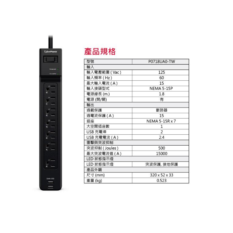 @電子街3C 特賣會@CyberPower P0718UA0-TW P0718UB0-TW防突波 7插座 充電延長座-細節圖3