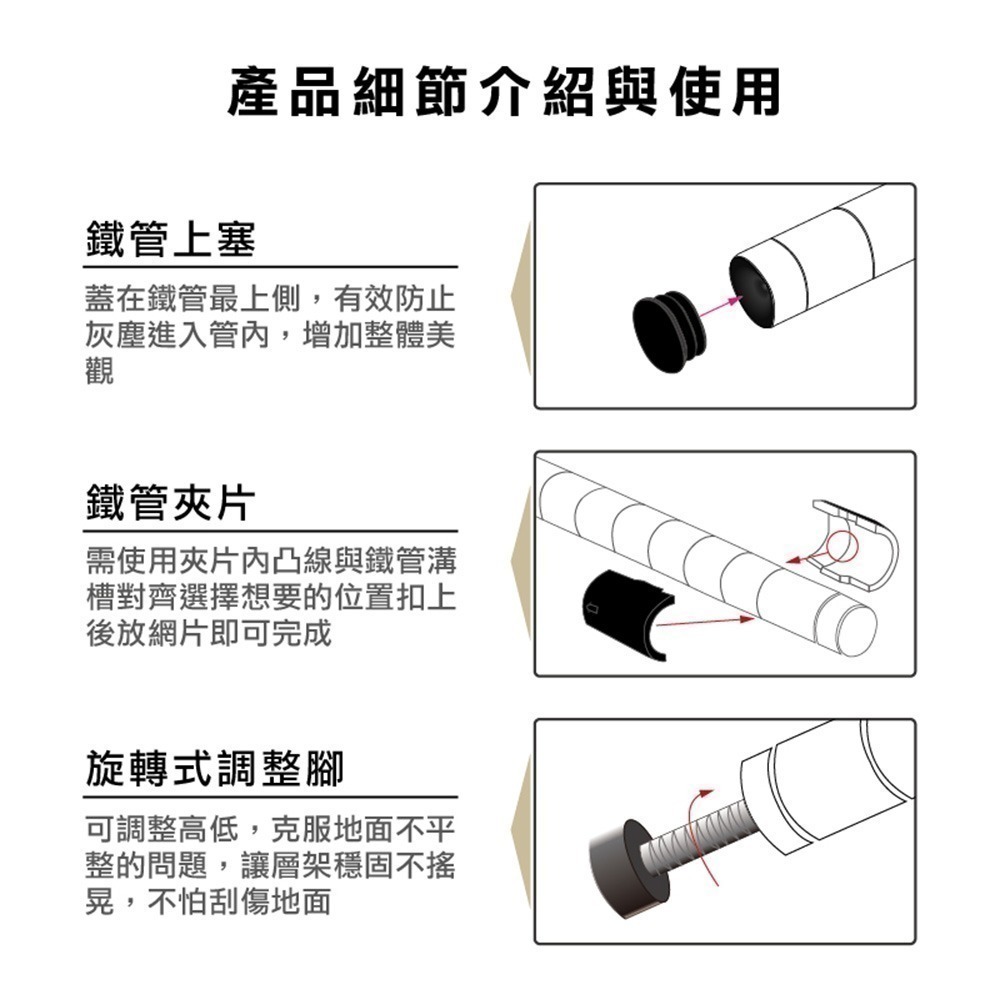 【KIWISH】綜合配件包│黑色夾片x33+內塞x4+調整腳墊x4(一英吋管徑適用)-細節圖3