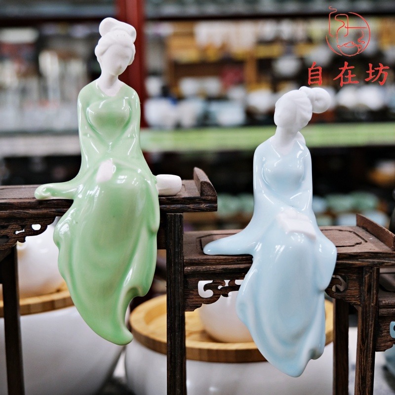 【全館滿599免運】仕女書琴詩畫(藍琴 / 藍書 / 綠畫 / 綠琪) 陶瓷茶寵 茶盤裝飾 茶桌裝飾【自在坊茶具】-細節圖2