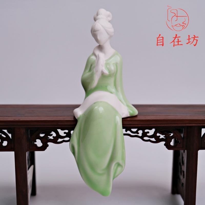 【全館滿599免運】仕女書琴詩畫(藍琴 / 藍書 / 綠畫 / 綠琪) 陶瓷茶寵 茶盤裝飾 茶桌裝飾【自在坊茶具】-細節圖6