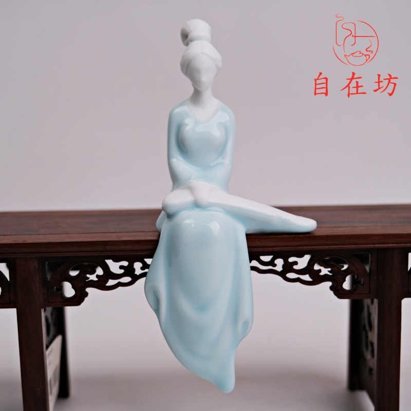 【全館滿599免運】仕女書琴詩畫(藍琴 / 藍書 / 綠畫 / 綠琪) 陶瓷茶寵 茶盤裝飾 茶桌裝飾【自在坊茶具】-細節圖8