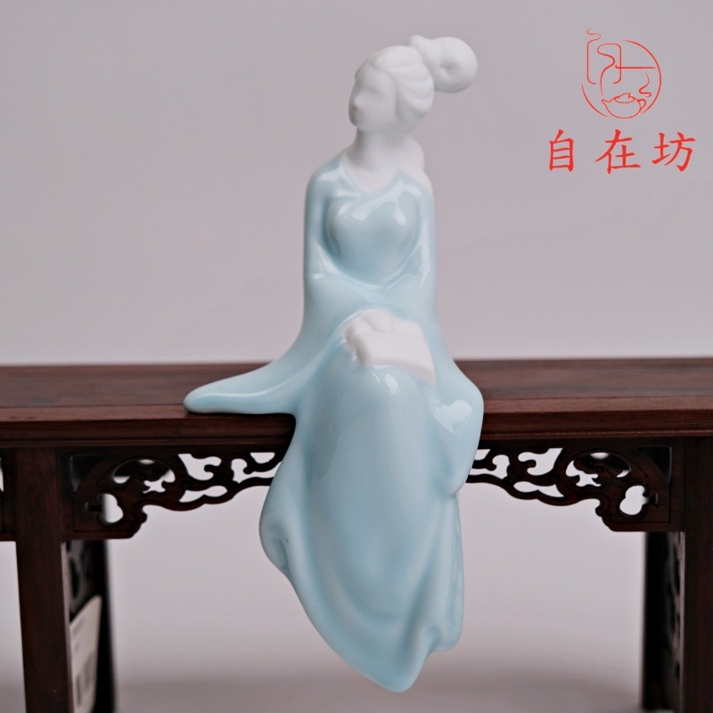 【全館滿599免運】仕女書琴詩畫(藍琴 / 藍書 / 綠畫 / 綠琪) 陶瓷茶寵 茶盤裝飾 茶桌裝飾【自在坊茶具】-細節圖10