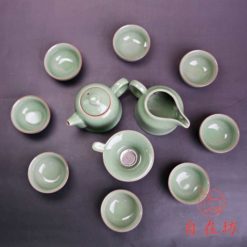 【全館滿599免運】【父親節禮品特賣】精品青瓷茶具【龍泉青瓷12件禮盒組】1壺1海1漏8杯 精緻茶具禮盒【自在坊茶具】-細節圖2