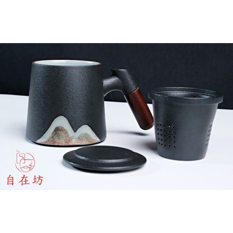 【全館滿599免運】精品粗陶辦公杯三件組 390ML 匠心手繪釉彩 茶杯過濾杯蓋三合一 粗陶辦公杯【自在坊茶具】-細節圖2
