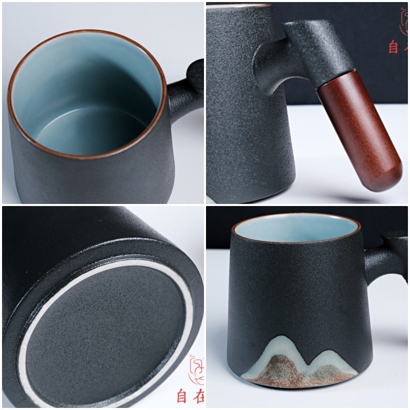 【全館滿599免運】精品粗陶辦公杯三件組 390ML 匠心手繪釉彩 茶杯過濾杯蓋三合一 粗陶辦公杯【自在坊茶具】-細節圖3