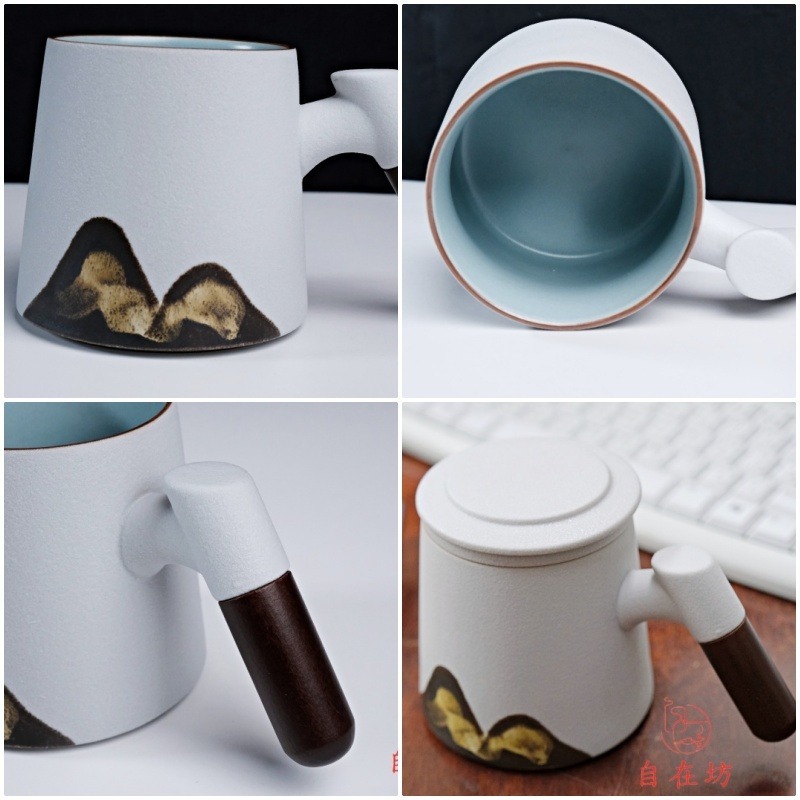 【全館滿599免運】精品粗陶辦公杯三件組 390ML 匠心手繪釉彩 茶杯過濾杯蓋三合一 粗陶辦公杯【自在坊茶具】-細節圖4