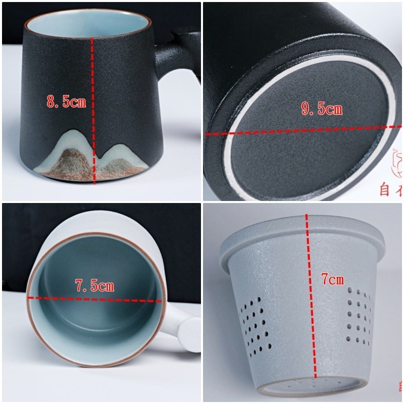 【全館滿599免運】精品粗陶辦公杯三件組 390ML 匠心手繪釉彩 茶杯過濾杯蓋三合一 粗陶辦公杯【自在坊茶具】-細節圖7