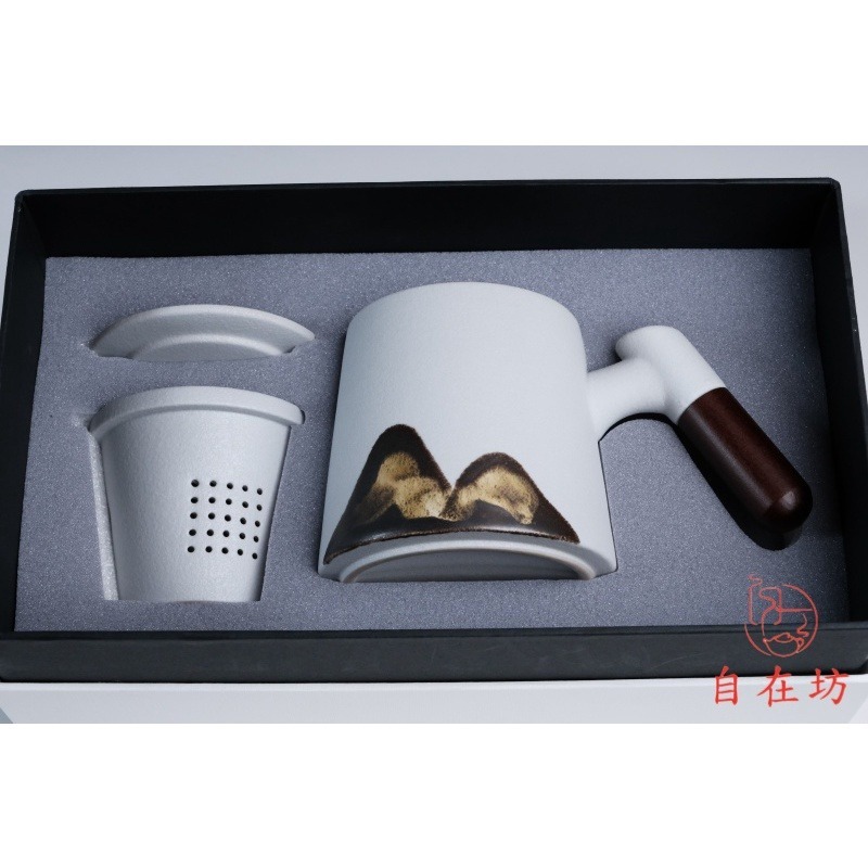 【全館滿599免運】精品粗陶辦公杯三件組 390ML 匠心手繪釉彩 茶杯過濾杯蓋三合一 粗陶辦公杯【自在坊茶具】-細節圖9