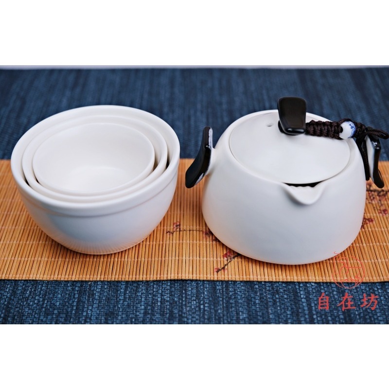 【全館滿599免運】快客杯 定窯快客杯─1壺3杯(黑/白) 便攜式茶具 隨身茶具 旅行茶具 泡茶組【自在坊茶具】-細節圖3