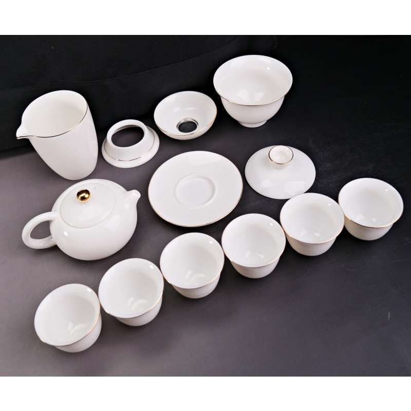 【全館滿599免運】茶具組 玉瓷茶具 茶具禮盒 精品玉瓷茶具 玉瓷描金西施13件皮箱組(反口杯)【自在坊茶具】-細節圖8