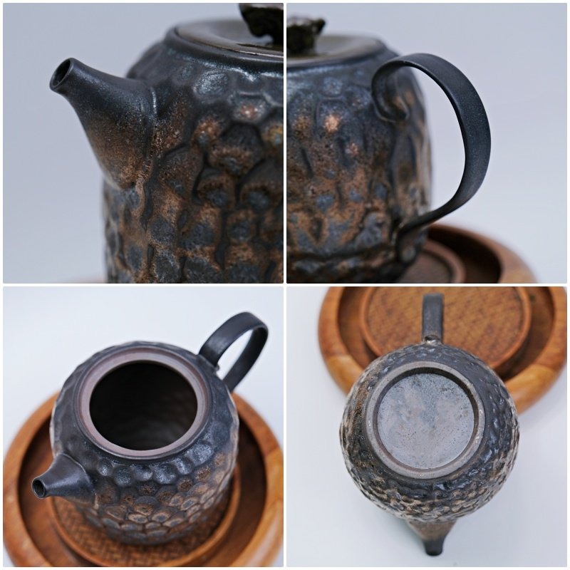 【全館滿599免運】茶壺 粗陶茶壺 創意茶壺 精品粗陶奇石壺-窯變青野-鎏金鐵釉 粗陶茶具【自在坊茶具】-細節圖3