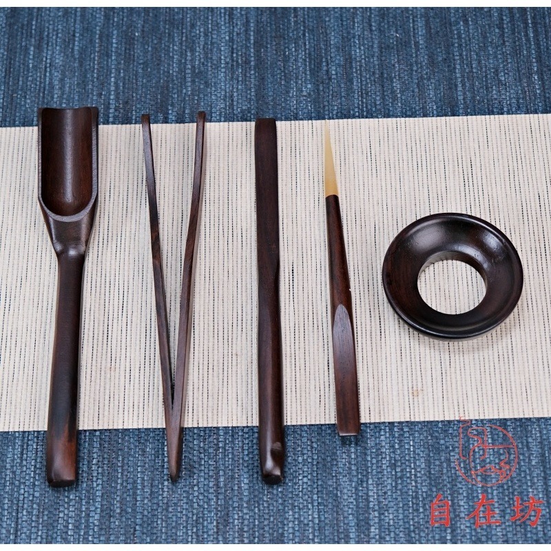 【全館滿599免運】手工精雕六君子簡易五件組 茶鏟 茶漏 茶夾 茶撥 茶針 黑檀木 花梨木 雞翅木【自在坊茶具】-細節圖4