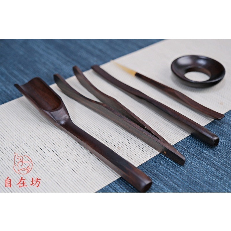 【全館滿599免運】手工精雕六君子簡易五件組 茶鏟 茶漏 茶夾 茶撥 茶針 黑檀木 花梨木 雞翅木【自在坊茶具】-細節圖5
