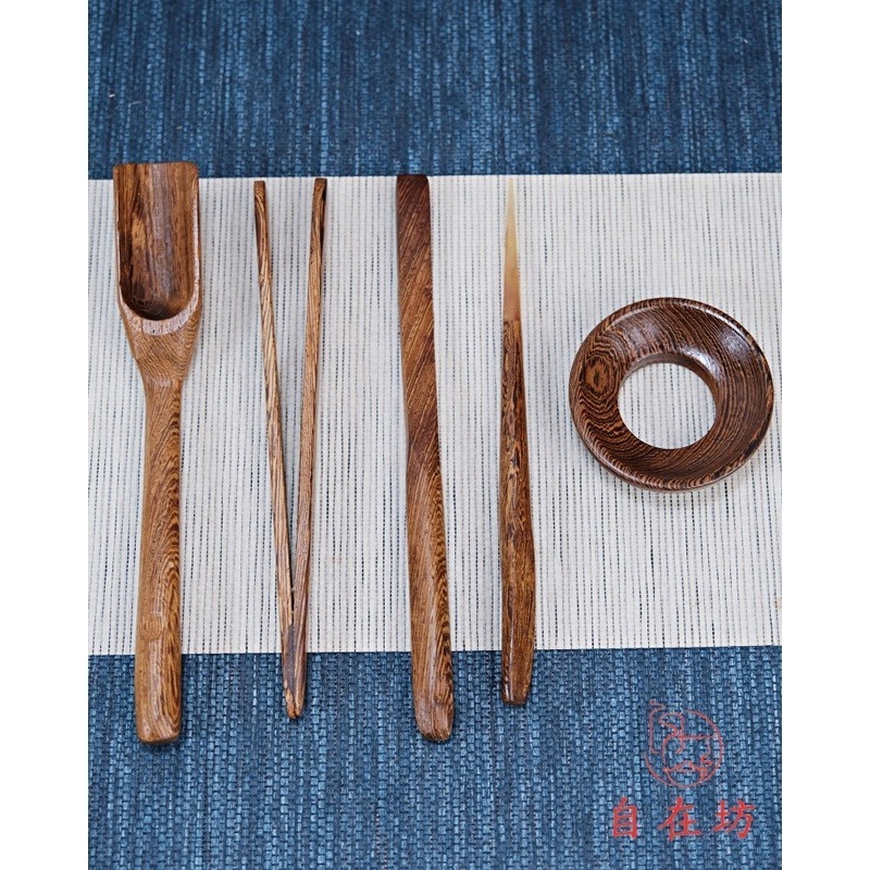 【全館滿599免運】手工精雕六君子簡易五件組 茶鏟 茶漏 茶夾 茶撥 茶針 黑檀木 花梨木 雞翅木【自在坊茶具】-細節圖8