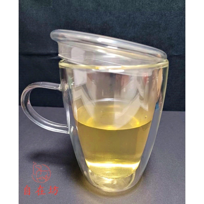 【全館滿599免運】玻璃杯 耐熱玻璃杯 玻璃雙層大把咖啡杯附蓋330ML 雙層玻璃杯 賞茶杯 隔熱杯 防燙杯【自在坊茶具-細節圖3