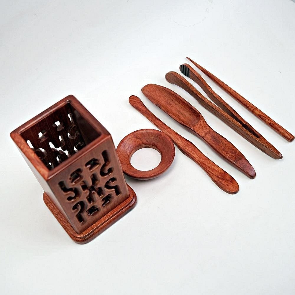 【全館滿599免運】花梨四方六君子 花梨木 茶夾 茶針 茶勺 茶撥 收納桶 六君子套裝 茶道六君子 茶道配件【自在坊茶具-細節圖2