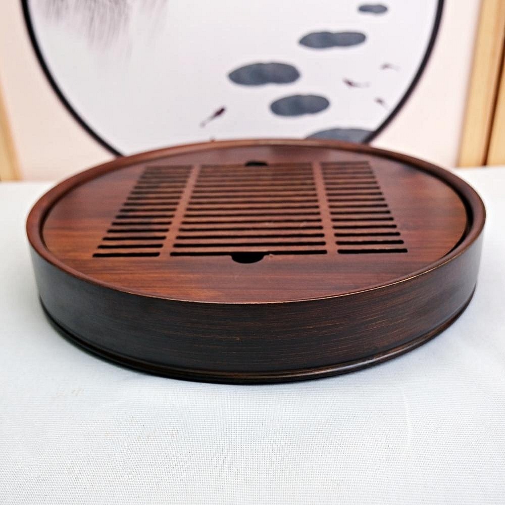 【全館滿599免運】【竹制圓茶盤 盛水式】 孟宗竹 蓄水式茶盤 圓款 胡桃色 蓄水式茶台 攜帶式 簡單輕巧【自在坊茶具】-細節圖8