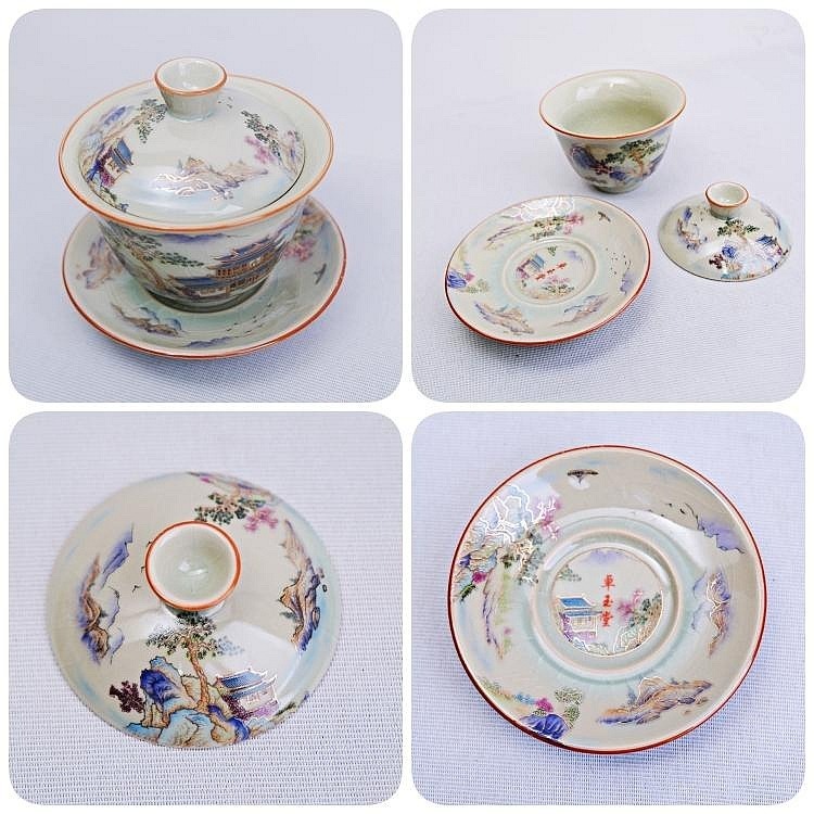 【自在坊茶具】老陶泥蓋碗─八破/山水/青花 蓋碗 敬茶碗 蓋碗茶杯 三才蓋碗 泡茶碗 陶瓷茶具【全館滿599免運】-細節圖7