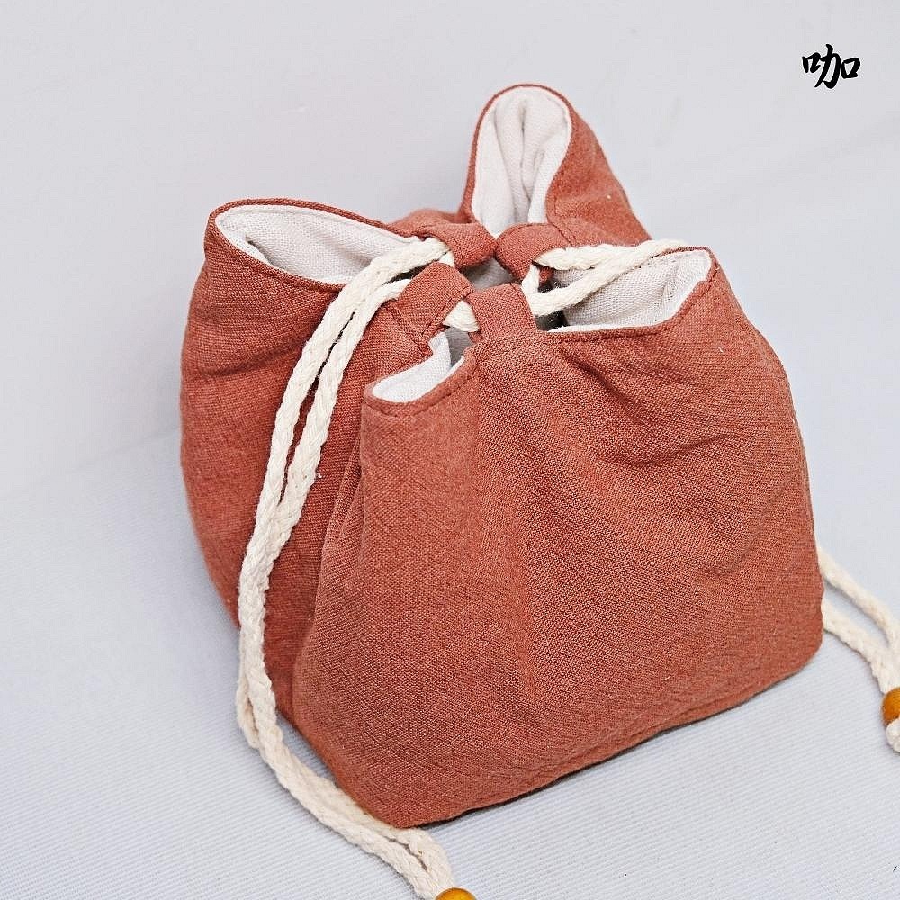 【自在坊茶具】茶具 五格束口收納袋─米/咖/灰/藍花 加厚款麻布保護布袋 抽繩棉布壺套 外出茶具提袋 旅行茶具 收納布包-細節圖9