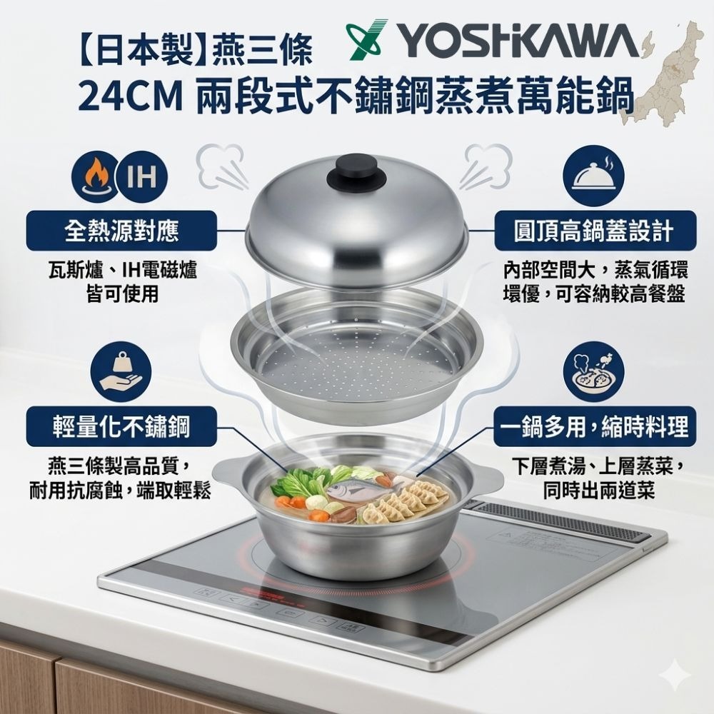 【YOSHIKAWA吉川】不鏽鋼萬用鍋組 24cm 日本製 1216094-細節圖3