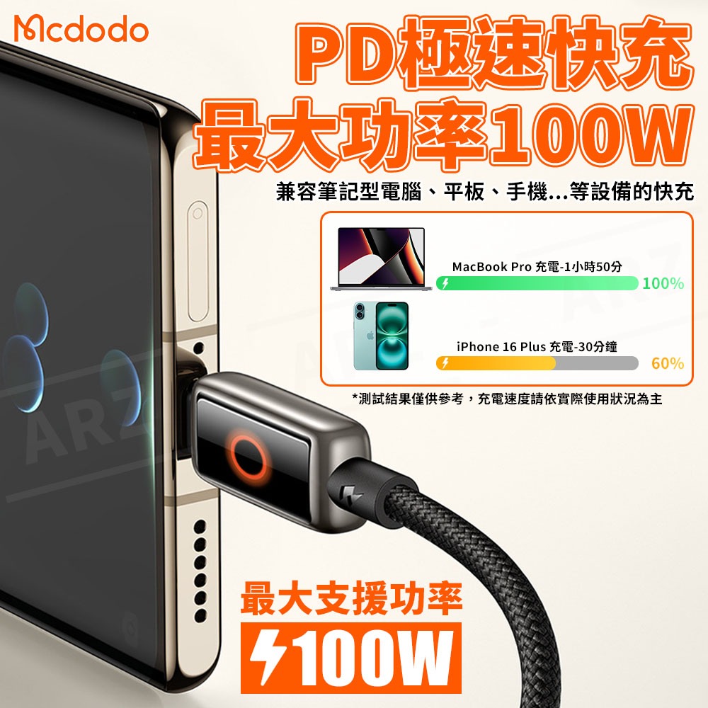 Mcdodo 100W 智能斷電充電線【ARZ】【F203】快充線 傳輸線 蘋果 充電線 PD快充 Type C 編織線-細節圖4