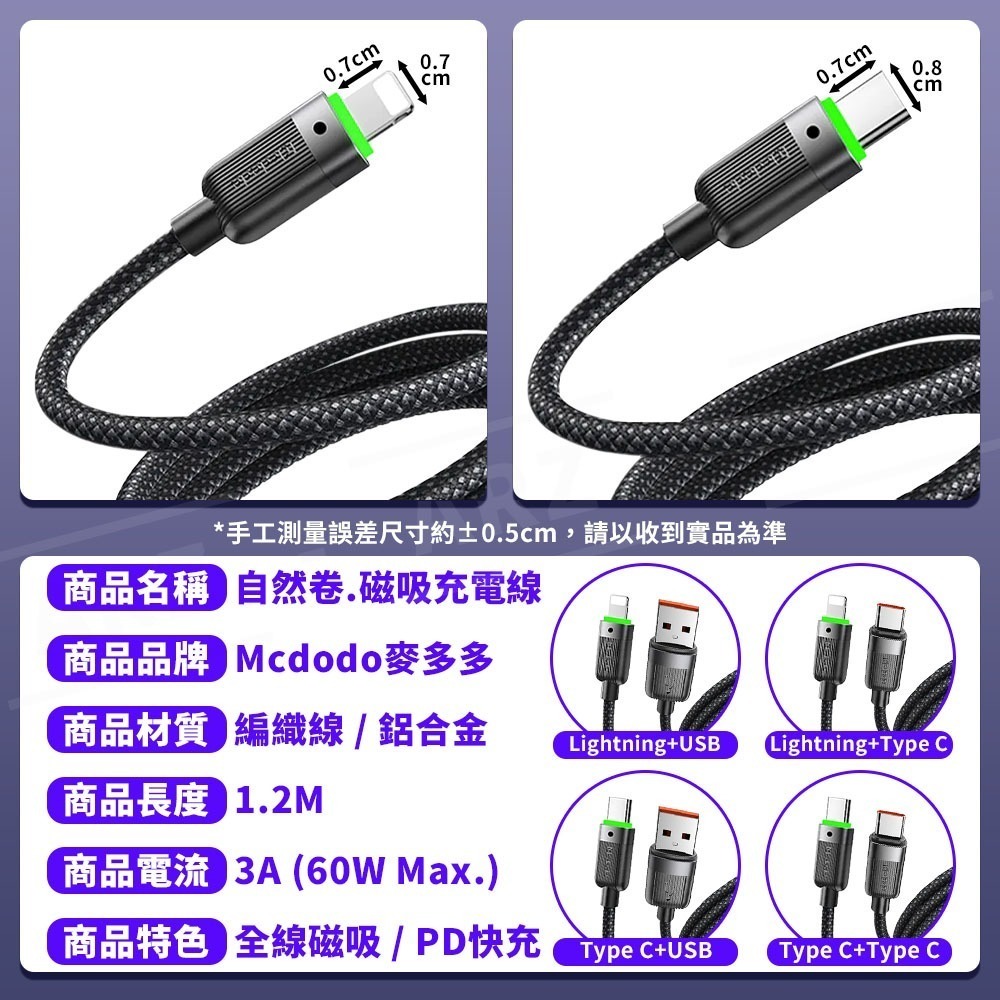 Mcdodo 磁吸收納 快充線 60W【ARZ】【F205】磁吸 充電線 PD快充 Type C USB 傳輸線 編織線-細節圖9