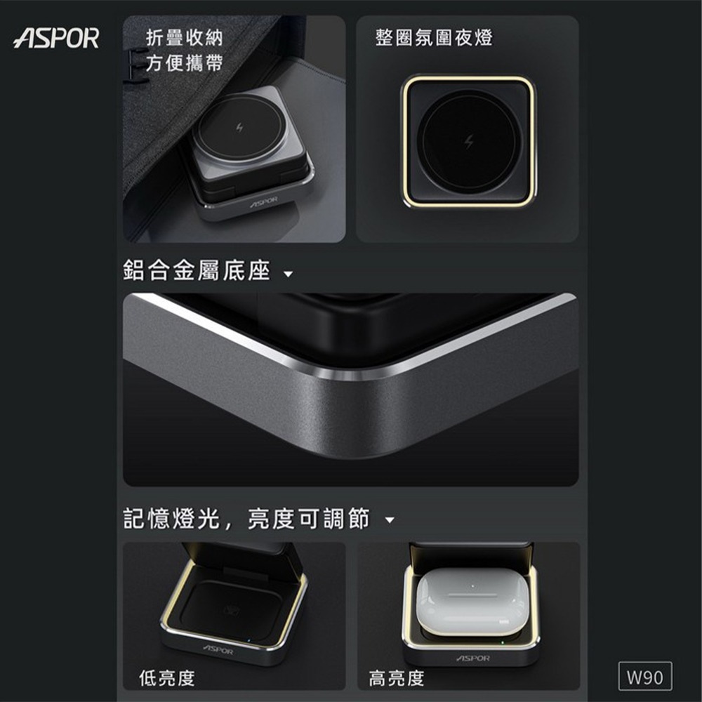 ASPOR 小魔方無線充電座 15W磁吸充電【ARZ】【G001】三合一 MagSafe充電盤 折疊 無線充電器 手機架-細節圖8