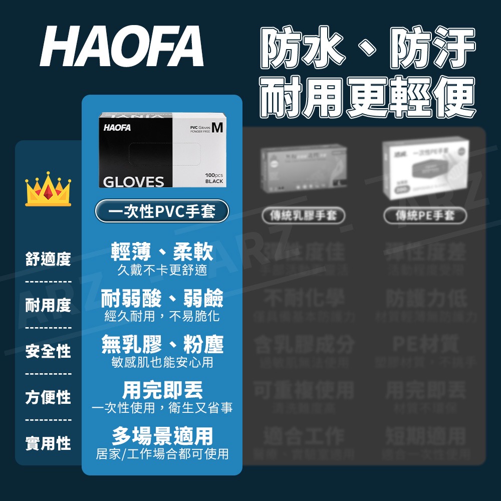 HAOFA PVC 手套 100入/盒裝【ARZ】【G152】透明/黑色 手套 無粉手套 塑膠手套 一次性手套 染髮手套-細節圖3