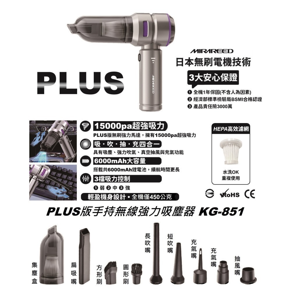 和霆車部品—日本MIRAREED PLUS版手持無線強力吸塵器 吹氣 抽氣 充氣 車用吸塵器 KG-851 阿不拉推薦-細節圖2