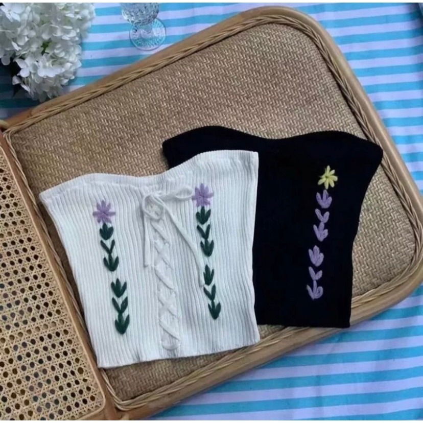 O&J-韓版小花平口針織上衣-黑色-細節圖3