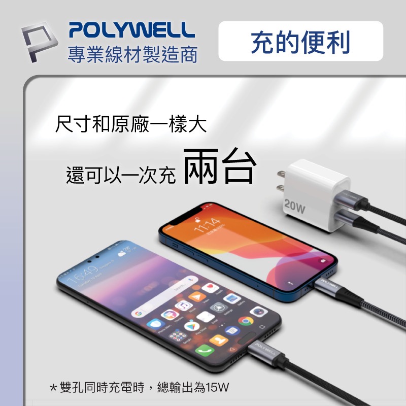 小賴生活用品3C文具 _ POLYWELL PD雙孔快充頭 20W Type-C充電頭 充電器 豆腐頭 適用於蘋果iPh-細節圖5