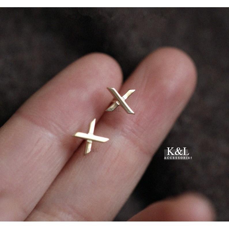 現貨。【全純銀輕14K金】歐美極簡個性 字母耳環 交叉耳環 針式耳環 輕奢系列 簡約 百搭 氣質 生日 禮物 耳環-細節圖2