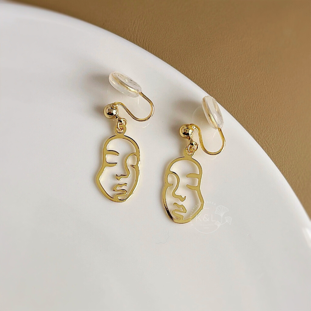 現貨。純銀針式｜夾式 抽象線條臉譜耳環 人臉耳環 耳環 蚊香耳夾 漩渦耳夾 無耳洞 夾式 蚊香夾 耳夾耳環-細節圖3