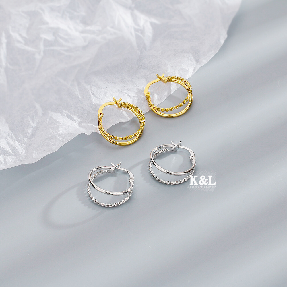 現貨。2色｜麻花疊加雙圈耳環 簡約耳環 歐美耳環  極簡風 圈圈耳環 耳扣耳環 街拍款 極簡耳環-細節圖4