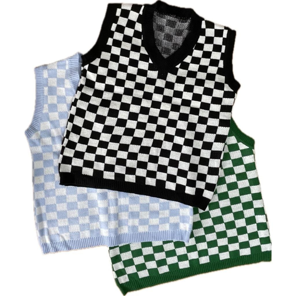 全新台灣現貨 棋盤格紋毛衣背心 V領ins套頭 港風日潮流復古寬鬆針織衫馬甲-細節圖4