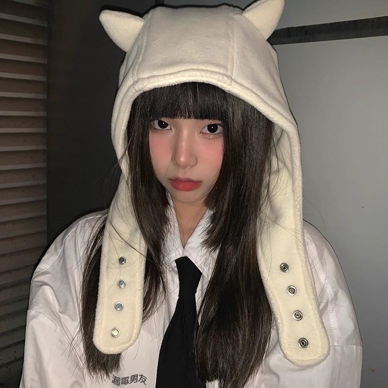 全新台灣現貨 米白色小惡魔帽子搞怪貓咪耳朵雷鋒帽亞比紐扣套頭帽-細節圖2